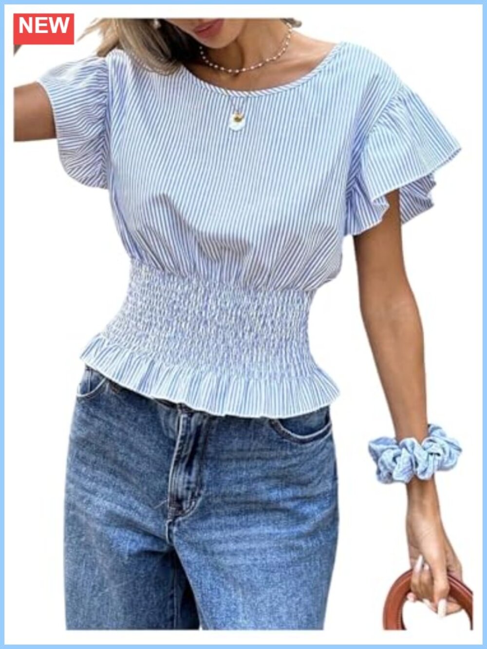 SweatyRocks Striped Ruffle Sleeve Cinched Waist Smocked Blouse